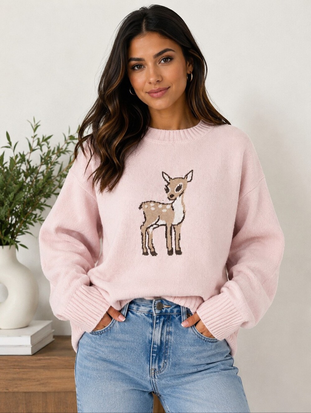 No Boundaries Pink Fawn Deer Sweater Women's Size Large (12-14) Soft Cozy Pullov